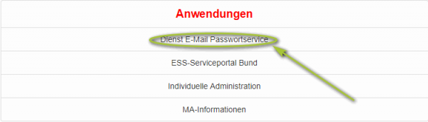 Auswahl der Anwendung Dienst E-Mail Passwortservice