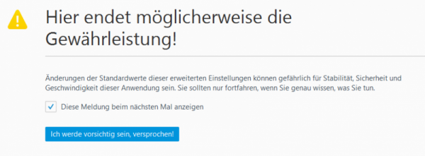 Screenshot der Sicherheitswarnung von Firefox, dass bei der Fortsetzung die Gewährleistung erlöschen kann