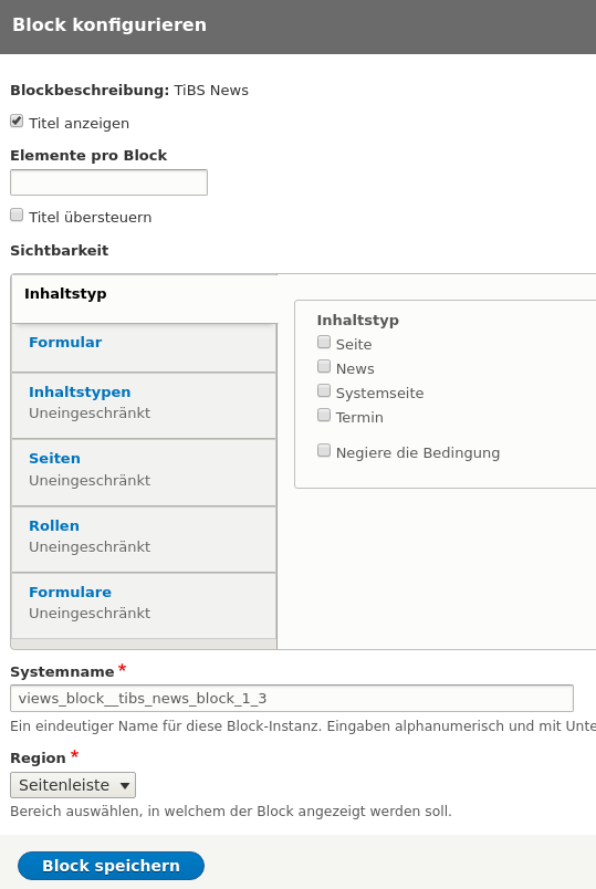 Screenshot Block konfigurieren