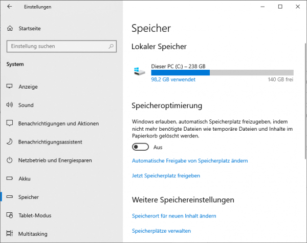 Windows 10 Speicheroptimierung