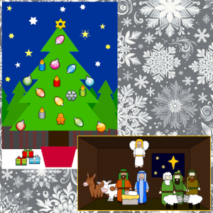 Screenshots der Seite www.whychristmas.com - dekorierter Christbaum und eine Krippe 