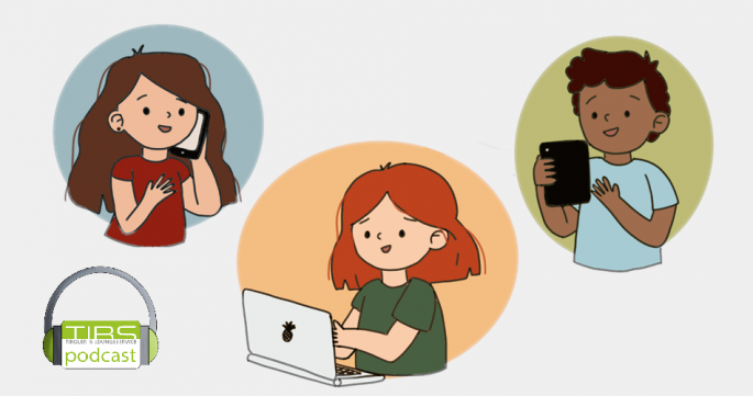 © TiBS Logo TiBS Podcast und drei gezeichnete Kinder mit mobilen Geräten in den Händen