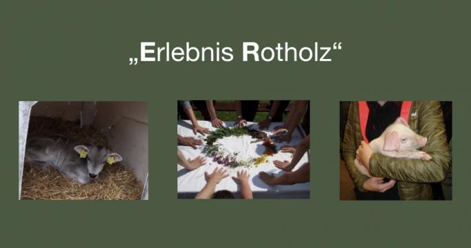 © Fachschule für ländliches Betriebs- und Haushaltsmanagement | Urheber:in: Fachschule für ländliches Betriebs- und Haushaltsmanagement Erlebnis Rotholz Logo und drei Bilder mit Tieren