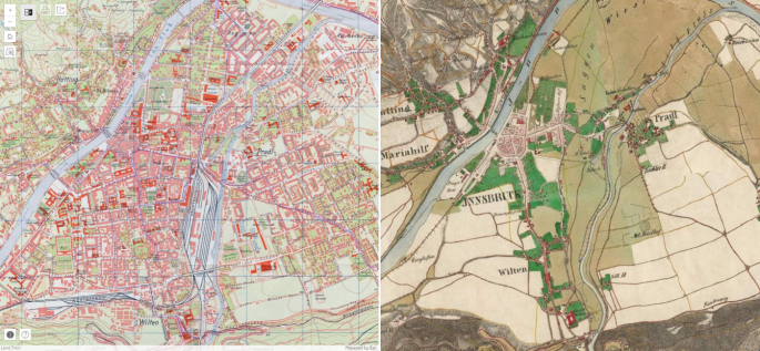Historische Karte verglichen mit aktueller Karte von Innsbruck