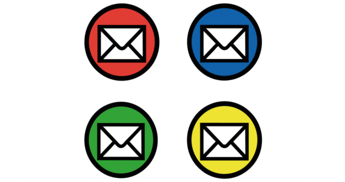 © Pixabay License | Bildquelle: https://pixabay.com/illustrations/mail-communication-email-cutout-9220934 | Urheber:in: Rene1905 4 Briefe jeweilis in 1 farbigen Kreis