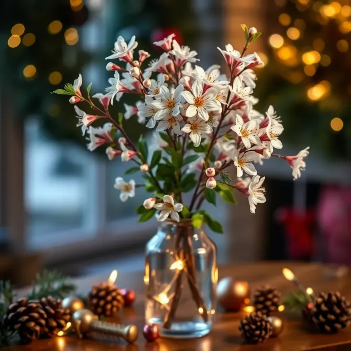 blühender Barbarazweig mit weihnachtlicher Dekoration im Hintergrund