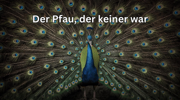 **Barrierefreier Alternativtext:**  Ein Pfau steht frontal im Bild und hat sein prächtiges Rad vollständig ausgebreitet. Die Federn fächern sich symmetrisch nach links und rechts auf und zeigen zahlreiche augenähnliche Muster in Blau-, Grün- und Goldtönen. Der Körper des Pfaus ist blau, der Hals aufrecht, der Blick nach vorne gerichtet. Der Hintergrund ist dunkel, wodurch die Farben der Federn stark hervortreten. Im oberen Bildbereich steht in weißer, gut lesbarer Schrift der Text: „Der Pfau der keiner war“