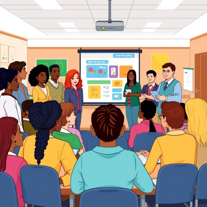 Ein heller Seminarraum mit einer gemischten Gruppe von Erwachsenen, die in Reihen sitzen und zu einer Präsentation nach vorn blicken. Vor der Leinwand stehen mehrere Vortragende mit Notizen und Tablets. Auf der projizierten Folie sind farbige Grafiken und Icons zum Thema „Internet Safety“ bzw. „Sichere Internetnutzung“ zu sehen. An der Decke hängt ein Beamer, an der Seite steht ein Flipchart. Die Atmosphäre wirkt aufmerksam und kooperativ, als handele es sich um eine Schulung oder Fortbildung zur sicheren N
