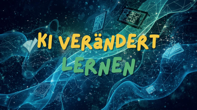 Illustration mit dunkelblauem, digital wirkendem Hintergrund und vernetzten Linien. In der Mitte steht groß der Schriftzug „KI verändert Lernen“, wobei „KI verändert“ gelb und „Lernen“ grün dargestellt ist. Rundherum schweben Symbole wie Bücher, Tablets, Diagramme und digitale Oberflächen, die Vernetzung und Technologie im Bildungsbereich darstellen.