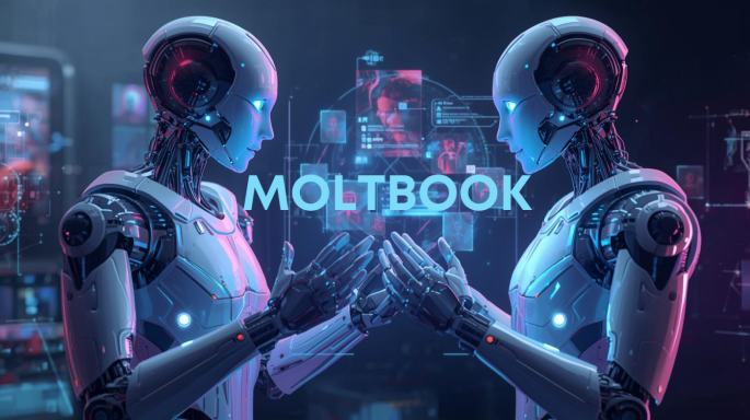 Bildquelle: Canva AI | Urheber:in: Florian Wanner Zwei humanoide Roboter stehen sich spiegelbildlich gegenüber und berühren mit erhobenen Händen beinahe einander. Beide haben metallische, futuristische Körper mit sichtbaren technischen Elementen und leuchtenden Akzenten in Blau und Pink. Im Hintergrund sind schematische digitale Darstellungen und Datenfenster zu sehen. In der Bildmitte steht der Schriftzug „MOLTBOOK“. Das Bild vermittelt den Eindruck einer Interaktion oder Kommunikation zwischen zwei künstlichen Intelligenzen.