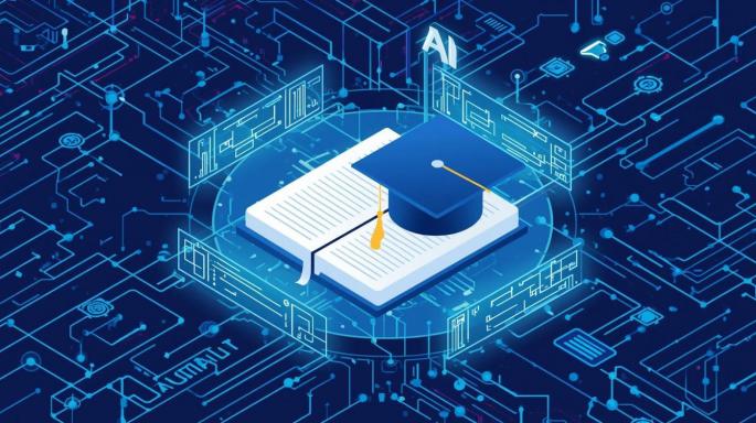 Digitale Illustration eines aufgeschlagenen Buches mit Doktorhut in der Mitte, umgeben von leuchtenden Schaltkreisen und KI-Symbolen auf blauem Hintergrund. Darstellung von künstlicher Intelligenz im Bildungsbereich.