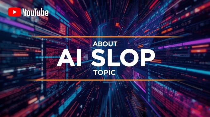 Das Bild zeigt ein KI-generiertes Titelbild mit dunkel-futuristischem Hintergrund (radialer Datenstrom in Blau, Rot und Orange), dem YouTube-Logo oben links und dem zentrierten Schriftzug „ABOUT AI SLOP TOPIC" in weißer Schrift auf orangefarbenem Rahmen.