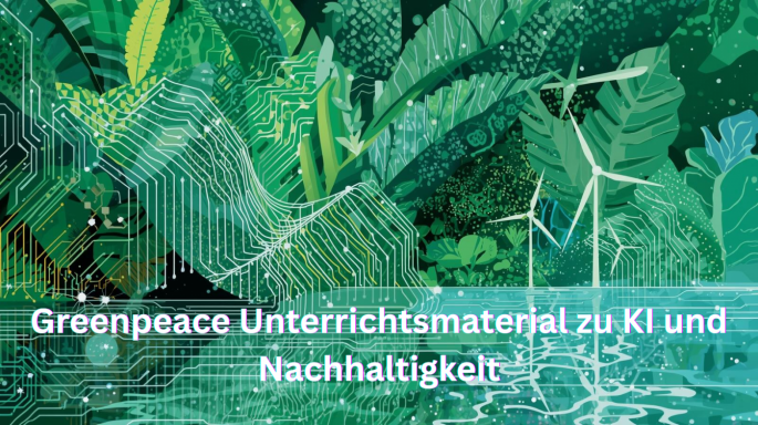 Bildquelle: Canva AI | Urheber:in: Florian Wanner llustration in Grüntönen: Dichte Pflanzen und Blätter sind mit Leiterbahnen einer Platine verwoben. Im Vordergrund verlaufen digitale Schaltkreise, im Hintergrund stehen Windräder. Über dem Bild liegt der Schriftzug „Greenpeace Unterrichtsmaterial zu KI und Nachhaltigkeit“.