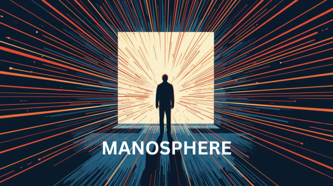 Illustration mit dunklem Hintergrund und vielen orange-blauen Linien, die strahlenförmig auf eine helle rechteckige Fläche zulaufen. In der Mitte steht die Silhouette eines Mannes, der in Richtung des leuchtenden Bereichs blickt. Über dem unteren Bildbereich steht der Schriftzug „MANOSPHERE“. Das Bild vermittelt den Eindruck eines digitalen Raums oder eines Sogs von Informationen, der auf die Figur gerichtet ist.