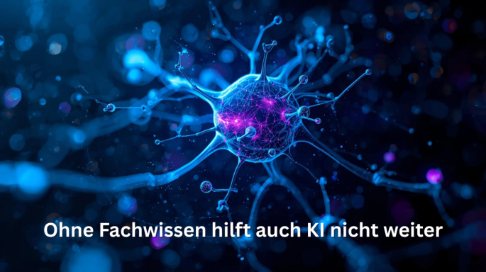 Bildquelle: Canva AI | Urheber:in: Florian Wanner Illustration einer leuchtenden Nervenzelle mit verzweigten Synapsen in Blau- und Violetttönen vor dunklem Hintergrund. Am unteren Bildrand steht in weißer Schrift der Titel „Ohne Fachwissen hilft auch KI nicht weiter".