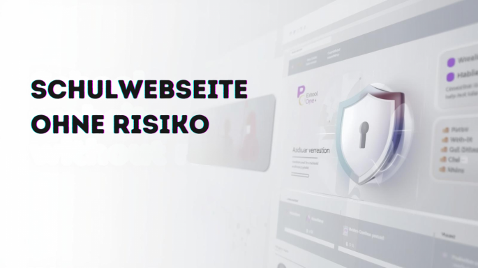 Grafik mit dem Titel „Schulwebseite ohne Risiko“. Links steht der Text groß und fett auf hellem Hintergrund. Rechts ist eine stilisierte Website-Oberfläche mit einem Schutzschild und Schloss-Symbol zu sehen, das für Sicherheit und Datenschutz steht.