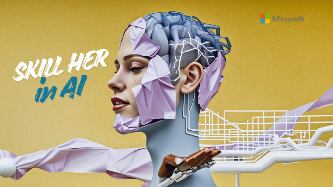 Illustration einer Frau im Profil mit geschlossenen Augen. Teile ihres Gesichts und Kopfes wirken wie aufgebrochene, geometrische Flächen und geben den Blick auf eine technische Struktur frei, die an ein künstliches Gehirn erinnert. Unter ihrem Kinn befindet sich eine mechanische Hand. Im Hintergrund verlaufen stilisierte Leiterbahnen wie in einer elektronischen Schaltung. Links steht der Schriftzug „Skill Her in AI“, rechts oben ist das Microsoft Logo zu sehen. Der goldene Hintergrund verstärkt den futuris