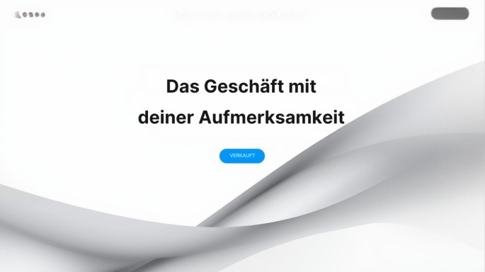 Minimalistisches Titelbild mit abstrakten, geschwungenen Formen in Weiß und Hellgrau. In der Mitte steht in schwarzer Schrift „Das Geschäft mit deiner Aufmerksamkeit". Darunter ein blauer Button mit dem Wort „VERKAUFT".