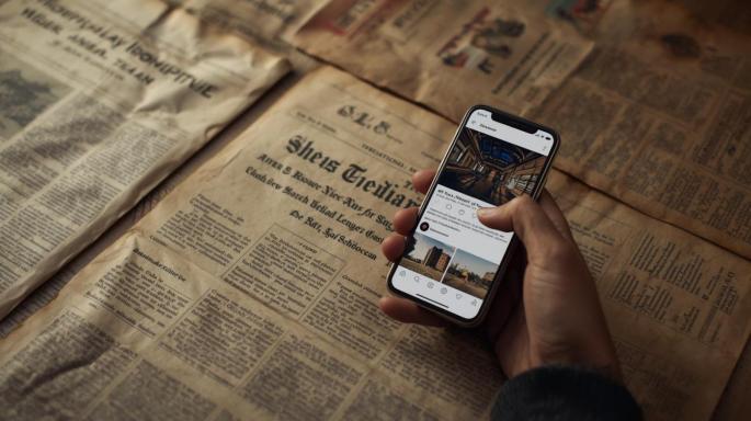 Bildquelle: Canva AI | Urheber:in: Florian Wanner Eine Hand hält ein Smartphone, auf dessen Bildschirm eine Social-Media-App mit Bildbeiträgen geöffnet ist. Im Hintergrund liegen mehrere vergilbte, eng bedruckte Zeitungen ausgebreitet auf einer Fläche und füllen das gesamte Bild aus.