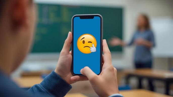 Nahaufnahme von hinten: Eine Schülerin oder ein Schüler hält im Klassenzimmer ein Smartphone in beiden Händen. Auf dem blauen Display ist ein gelbes Emoji mit skeptischem Gesichtsausdruck und einem Daumen-hoch-Zeichen zu sehen. Im unscharfen Hintergrund stehen eine grüne Tafel, leere Schulbänke und eine Lehrperson, die etwas erklärt.