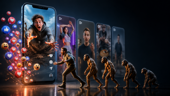 Bildmontage: Aus einem großen Smartphone springt ein schreiender junger Mann ins Bild, umgeben von schwebenden Like-, Herz- und Lach-Emojis. Rechts daneben reihen sich weitere leuchtende Smartphone-Displays mit Personen aus Social-Media-Clips. Davor läuft eine Hominiden-Evolutionsreihe in umgekehrter Richtung, vom aufrechten Menschen zurück zu gebückten affenartigen Vorfahren.