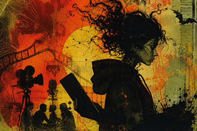 Illustration im Stil eines digitalen Mixed Media Kunstwerks in warmen Orange, Rot und Schwarztönen. Im Mittelpunkt steht die dunkle Silhouette einer jungen Person mit zerzausten Haaren, die auf ein Tablet blickt. Im Hintergrund sind Symbole für Medienbildung und digitale Kreativität zu sehen, darunter eine Filmkamera, ein Mikrofon, Gesprächssymbole und vernetzte Linien. Die collageartige Darstellung vermittelt Kreativität, digitale Medienarbeit und kritische Auseinandersetzung mit Medien.