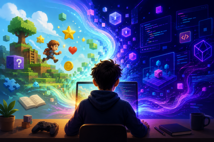 Bildquelle: ChatGPT 5.5 | Urheber:in: Florian Wanner Eine moderne digitale Illustration zeigt eine Person von hinten an einem Schreibtisch vor einem Laptop. Links öffnet sich eine farbenfrohe Spielwelt mit schwebenden Plattformen, Sternen, Münzen und einer Spielfigur im Jump-and-Run-Stil. Rechts ist eine futuristische Coding Umgebung mit leuchtenden Codefenstern, geometrischen Formen und digitalen Elementen in Blau und Violett zu sehen. Zwischen beiden Welten fließen leuchtende Lichtspuren und verbinden spielerisches Lernen mit kreativem Programmieren. Auf de