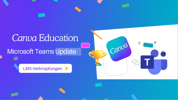 Titelgrafik des Artikels: Logos von Canva und Microsoft Teams, verbunden durch eine gestrichelte Linie, auf blau-türkisem Hintergrund mit bunten Konfetti-Elementen. Text im Bild: „Canva Education – Microsoft Teams Update – LMS-Verknüpfungen".