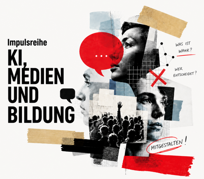 Collage-Grafik zur Impulsreihe „KI, Medien und Bildung" der PH Tirol. Schwarzweiße Porträtfotografien von drei Personen sind collageartig mit grafischen Elementen kombiniert: einer roten Sprechblase, einem schwarzen Chat-Symbol, einem roten Kreuz-Zeichen und handschriftlichen Fragen („Was ist wahr?", „Wer entscheidet?") sowie dem Schriftzug „Mitgestalten!" in einem roten Kreis. Im Hintergrund ist eine Menschenmenge mit erhobenen Händen zu sehen. Links steht in großer Schrift der Titel der Veranstaltungsreih