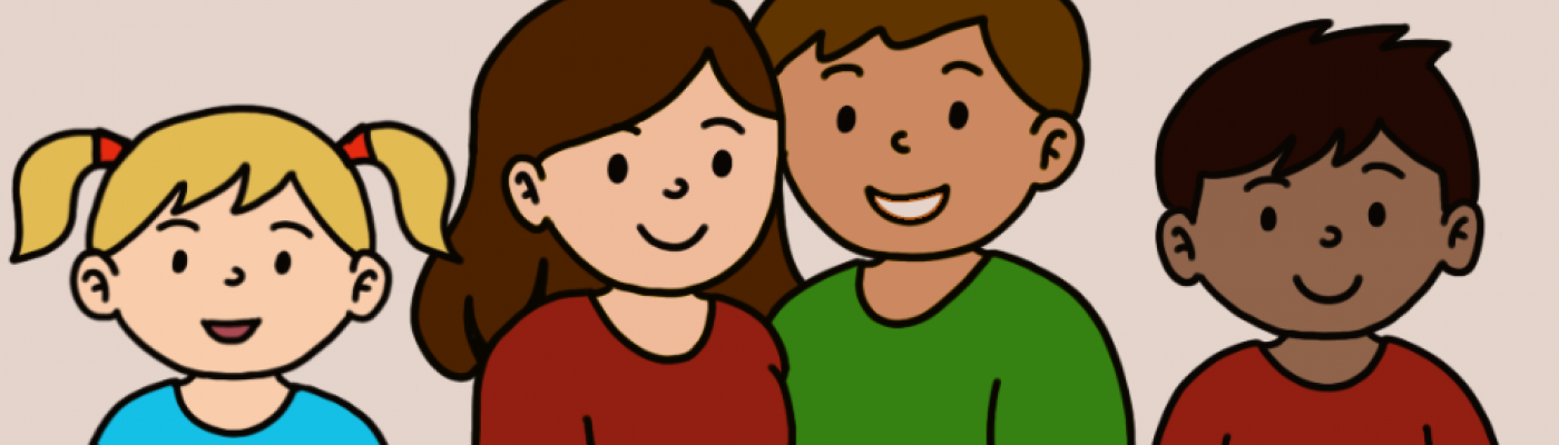 Familie mit einem Mädchen und einem Bub und zwei Eltern auf beigen Hintergrund
