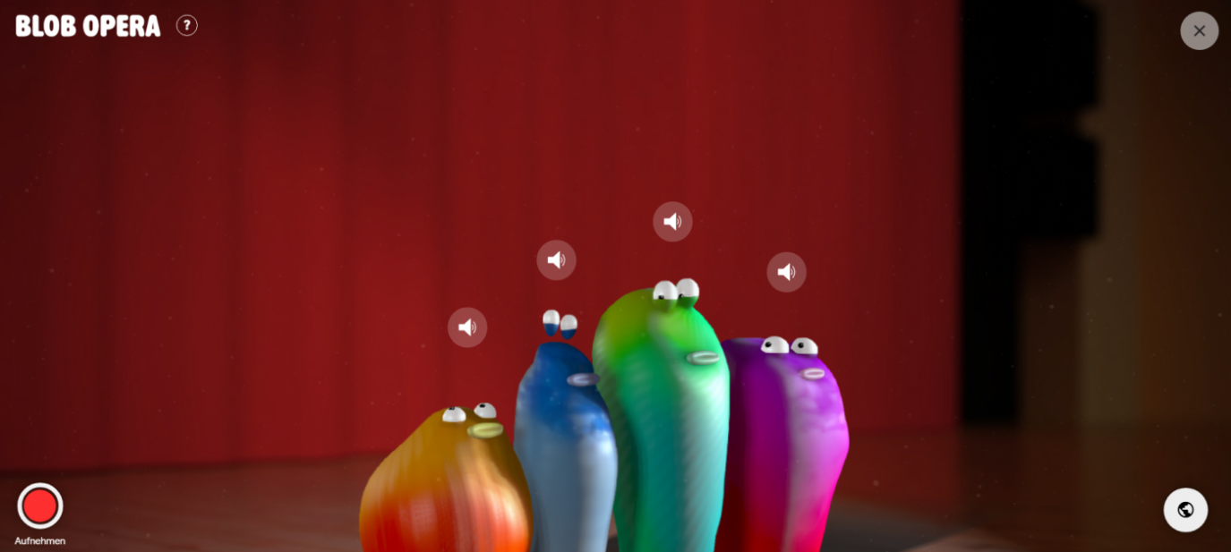 © von Blob Opera | Bildquelle: https://artsandculture.google.com/experiment/blob-opera/AAHWrq360NcGbw?cp=e30. Screenshot: Blobs im Blobopera House mit rotem Vorhang im Hintergrund