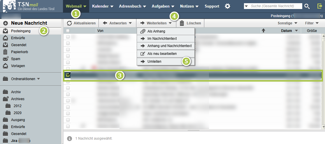 Mailoberfläche zum Umleiten einer Mail