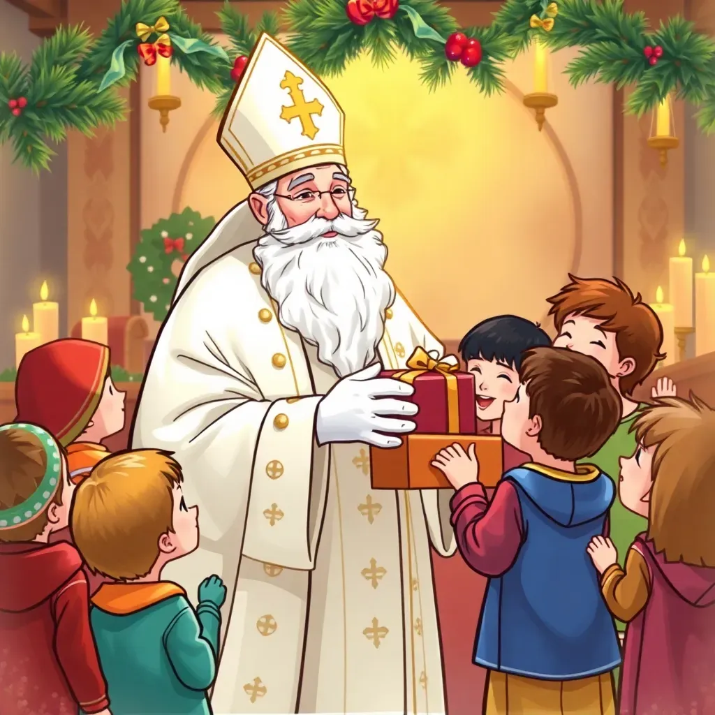 © fobizz | Bildquelle: Flux Bildgenerator | Urheber:in: fobizz Nikolaus verteilt Geschenke an Kinder