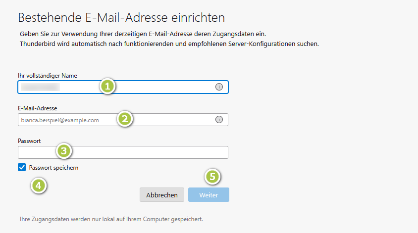 Oberfläche von Thunderbird zum Einbinden einer Mailadresse