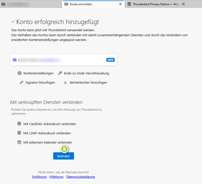 Oberfläche von Thunderbird zum Einbinden einer Mailadresse - Abschluss