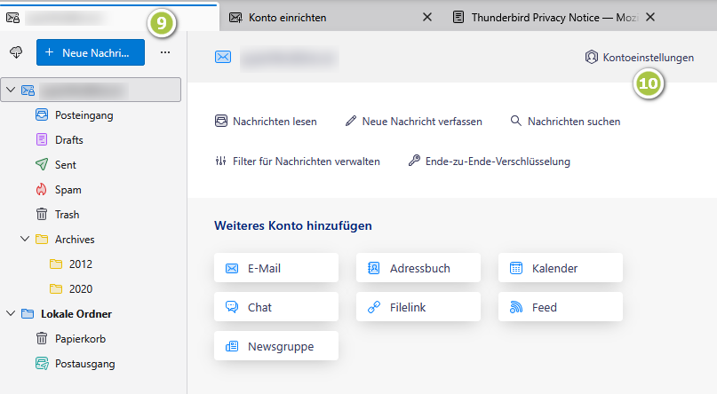 Oberfläche von Thunderbird - Kontomanager