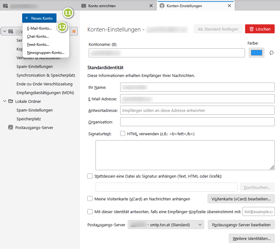 Oberfläche von Thunderbird - Kontoeinstellungen