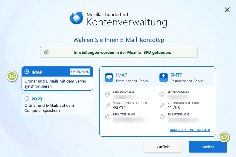 Oberfläche von Thunderbird zum Einbinden einer Mailadresse