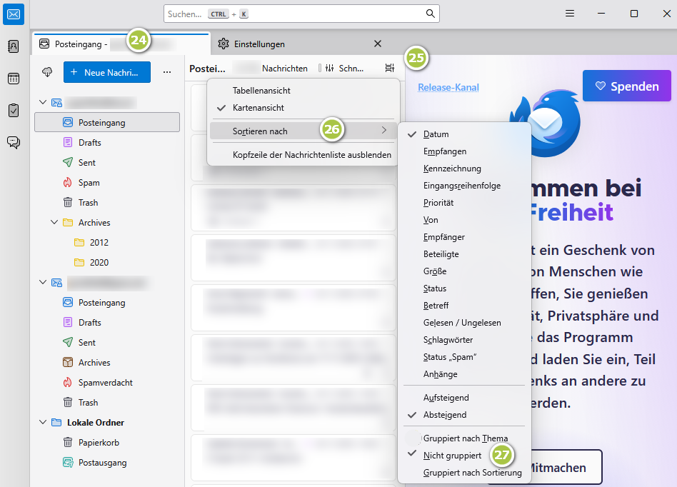 Einstellungen für Ansicht der Mailaordner bei Mozilla Thunderbird