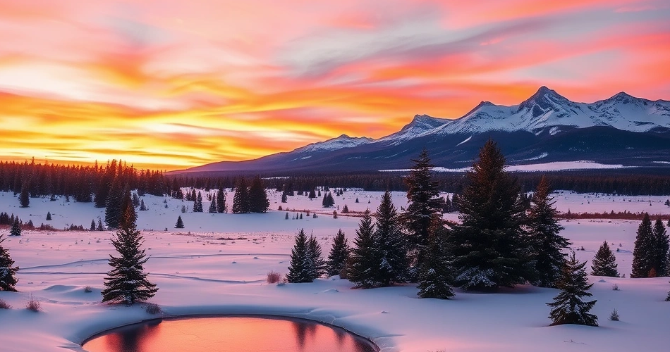 Sonnenuntergang im Winter mit einer Winterlandschaft im Vordergrund