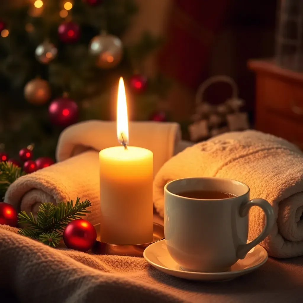 © fobizz Team | Bildquelle: Flux Bildgenerator | Urheber:in: fobizz Kerze im Mittelpunkt mit einer Tasse Tee und weihnachtlicher Dekoration im Hintergrund