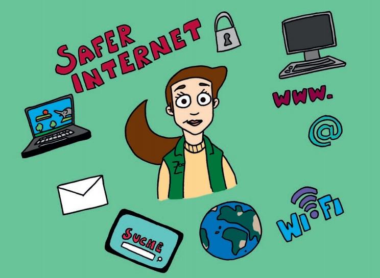 Die Illustration zeigt eine cartoonartige Zoodirektorin mit braunen Haaren und einem freundlichen Gesichtsausdruck, die in einem grünen Outfit gekleidet ist. Um sie herum sind verschiedene Symbole und Begriffe zum Thema Internetsicherheit angeordnet, darunter ein Laptop, ein Desktop-Computer, ein Schloss, das für Sicherheit steht, das Symbol für Wi-Fi, eine Weltkugel, ein E-Mail-Symbol und der Begriff „Suche“. Über ihr steht der auffällige Schriftzug „SAFER INTERNET“. Der Hintergrund ist in 