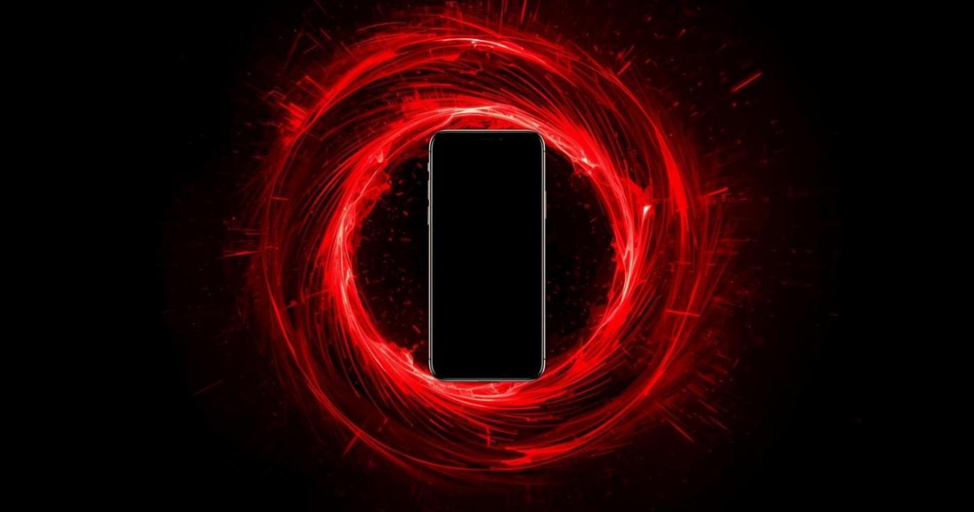 © Canva AI | Bildquelle: Canva AI | Urheber:in: Anna Zigala Ein generisches schwarzes Smartphone steht zentral auf tiefschwarzen Hintergrund. Um das Gerät herum wirbelt ein intensiver, leuchtend roter Energiestrudel mit dynamischen Spiralbewegungen und Lichtblitzen, der die potenziellen Gefahren und den Sog von Social-Media-Algorithmen visualisiert.
