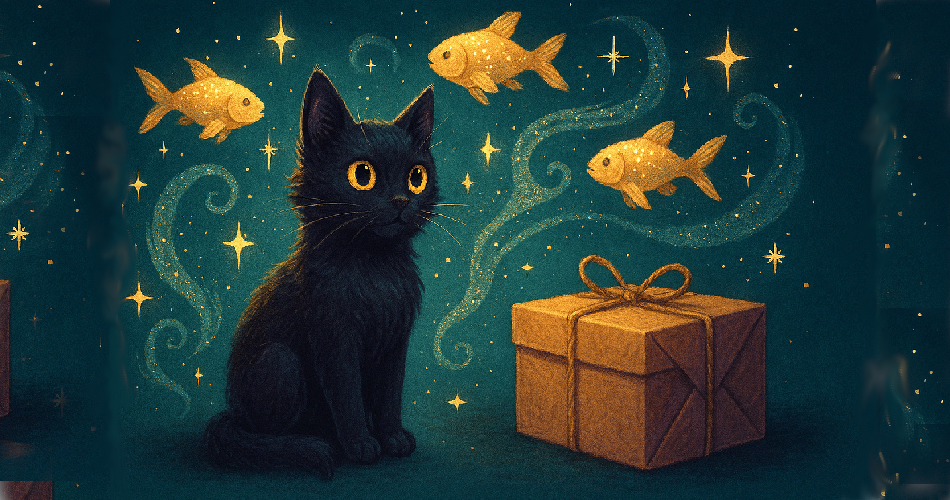 Eine schwarze Katze mit großen, leuchtend gelben Augen sitzt vor einem dunkel-türkisfarbenen, magischen Hintergrund. Um sie schweben drei goldene, glitzernde Fische und spiralförmige Funken. Rechts neben der Katze steht ein braunes, mit einer Schnur verschnürtes Paket. Die Szene wirkt märchenhaft und fantasievoll.