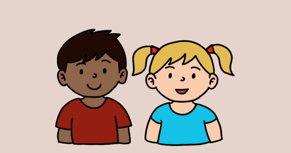 Ein Mädchen mit blondem Haar und einem blauen T-shirt  und ein Junge mit schwarzen Haaren und einem roten T-Shirt auf beigen Hintergrund