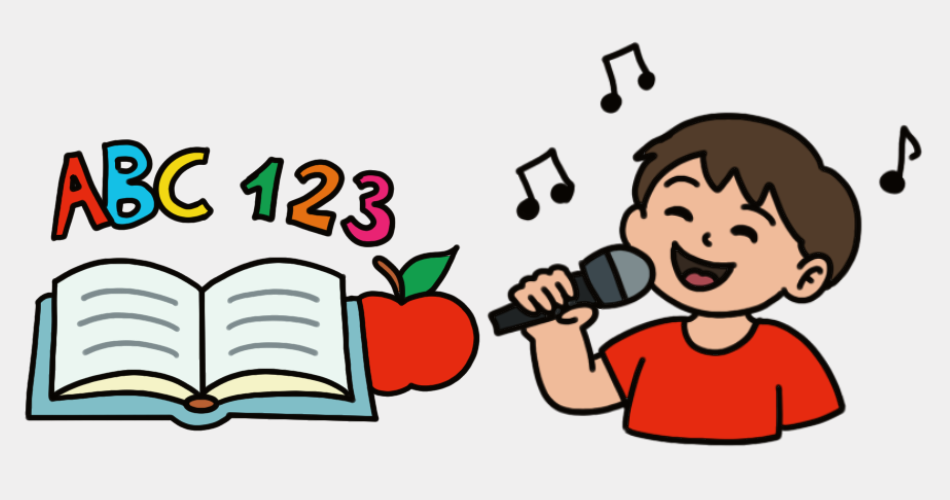 Ein offenes Buch, ein roter Apfel, der Schriftzug ABC und 123 und ein Kind im roten T-shirt, das singt