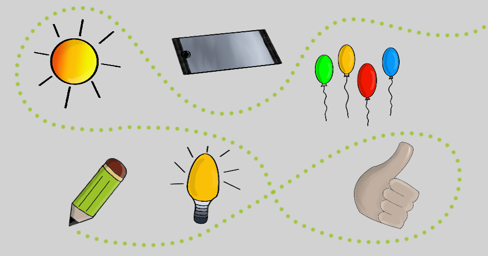 Illustration auf grauem Hintergrund: Entlang einer grünen, gepunkteten, geschwungenen Linie sind Symbole angeordnet – oben links eine gelbe Sonne, daneben ein Smartphone; rechts vier bunte Luftballons (grün, gelb, rot, blau). Unten links ein grüner Bleistift, in der Mitte unten eine leuchtende Glühbirne und rechts unten ein hochgehaltener Daumen (Daumen hoch).
