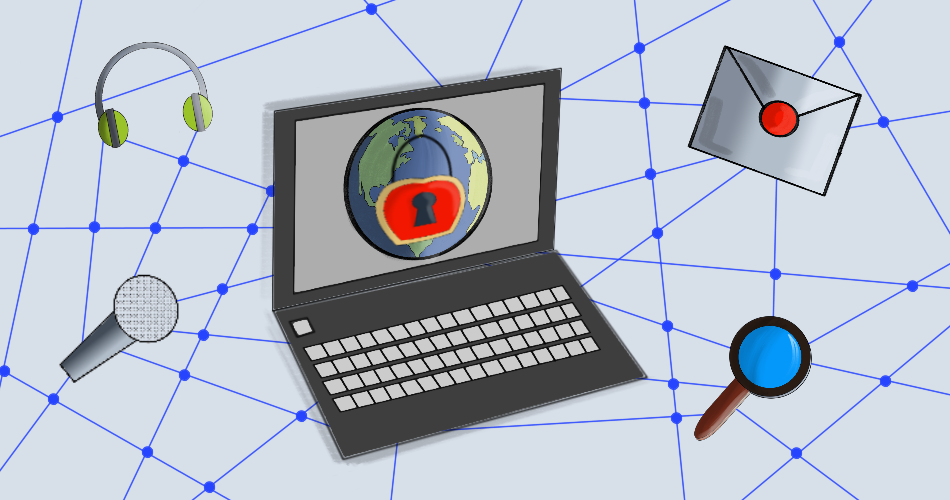 Illustration eines Laptops mit einem Globus und rotem Schloss auf dem Bildschirm, umgeben von Symbolen für Online-Kommunikation: Kopfhörer, Mikrofon, Briefumschlag mit Siegel und Lupe; im Hintergrund ein blaues Netzwerk aus verbundenen Punkten – Darstellung von Internetsicherheit und Datenschutz.