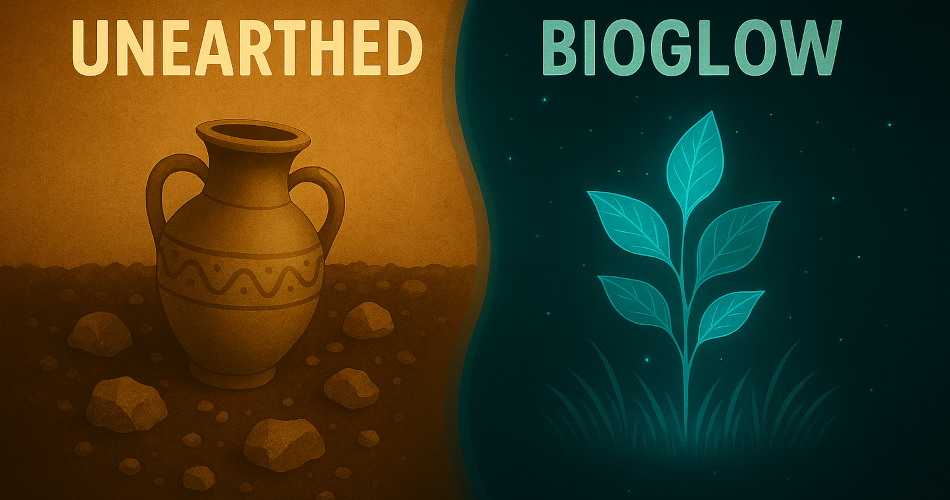 © Copilot | Bildquelle: Copilot | Urheber:in: Copilot Illustration eines geteilten Motivs: Auf der linken Seite ein archäologisches Szenario mit einer teilweise ausgegrabenen antiken Tonvase im braunen Erdreich, umgeben von Steinen und warmen, erdigen Farbtönen, beschriftet mit „UNEARTED“. Auf der rechten Seite eine leuchtende, stilisierte Pflanze in kühlen Blau- und Türkistönen vor dunklem Hintergrund, umgeben von kleinen Lichtpunkten, beschriftet mit „BIOGLOW“. In der Mitte verbindet ein fließender Übergang beide Themen visuell.