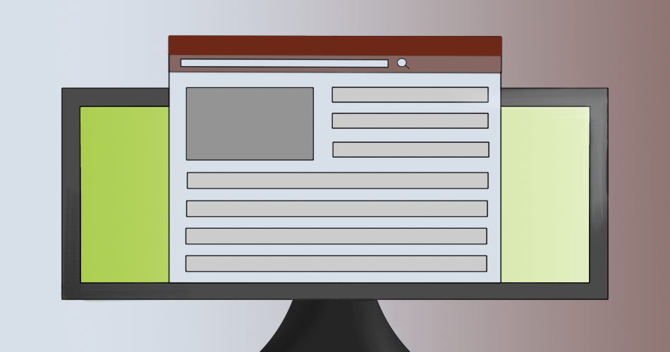 Ein Computerbildschirm mit geöffneter Browser‑ oder Anwendungsoberfläche: oben eine dunkelrote Titelleiste mit Suchfeld, darunter ein Layout mit großem grauen Bildplatzhalter links und mehreren hellgrauen Textzeilen und Kästen rechts und darunter. Hintergrund in dezenten Pastellfarben.